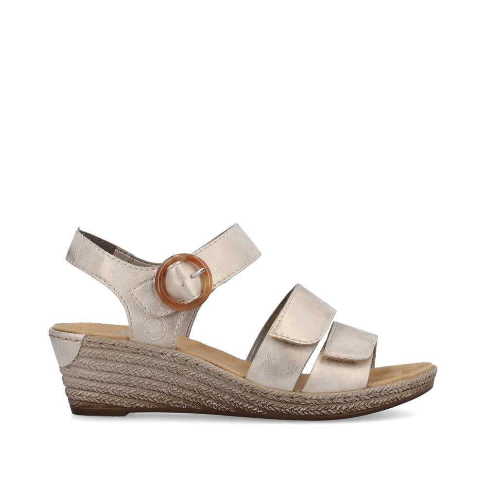 Rieker 62487 Light gold wedge heel sandals with a cushioned insole