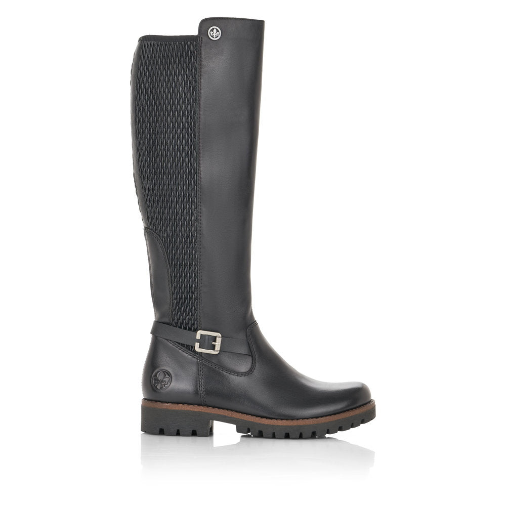 Rieker 78592 knee high black leather boots with stretch calf panel