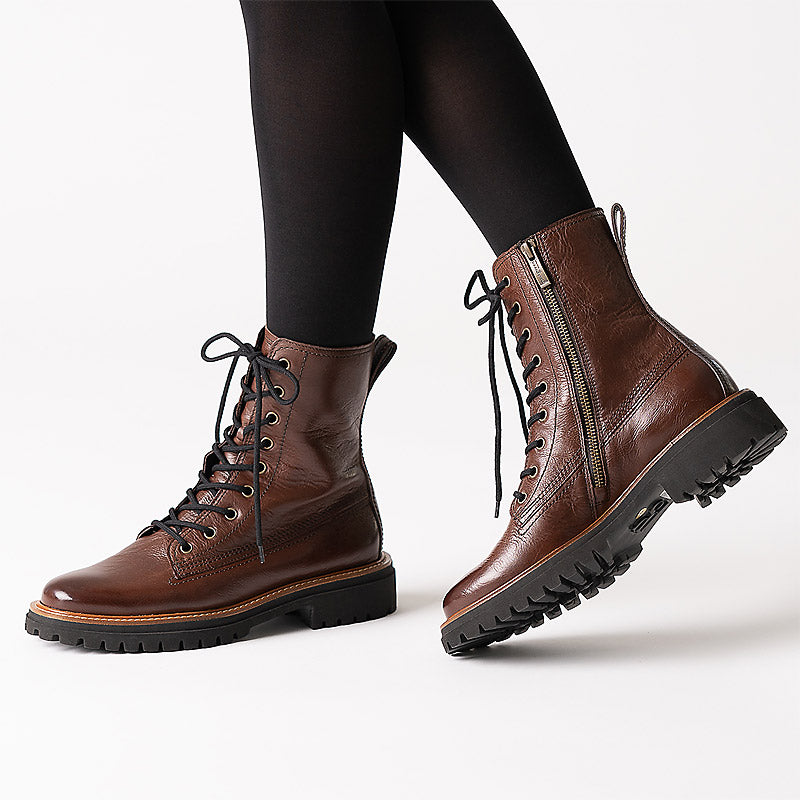 Paul Green Petra saddle dark tan calf leather lace up boots with