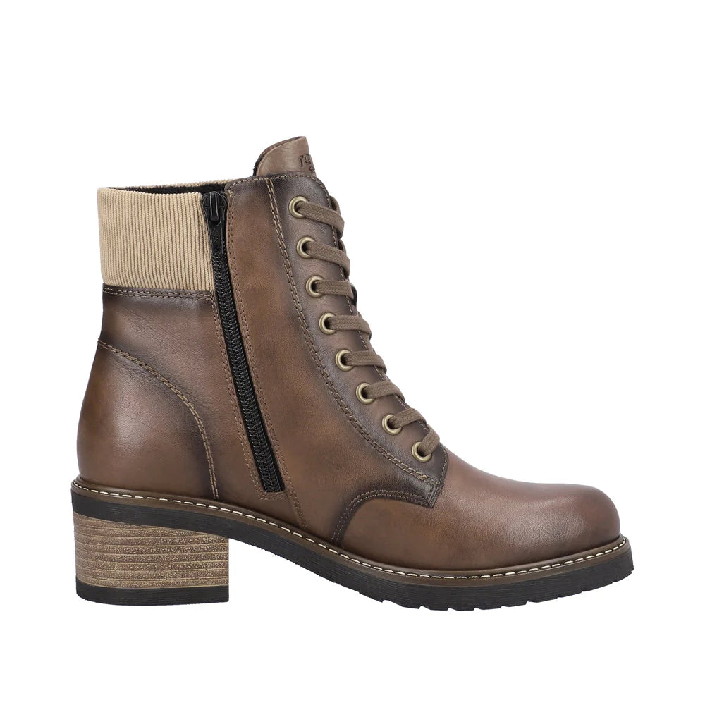 Remonte D1A70 smooth leather brown zip/ lace up stack heel ankle boots ...