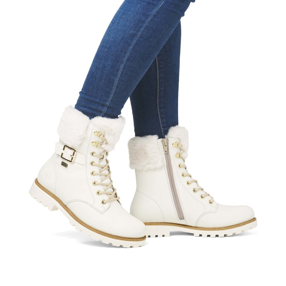 Remonte D8481 lace up boots in winter white Leather with faux fur cuff ...