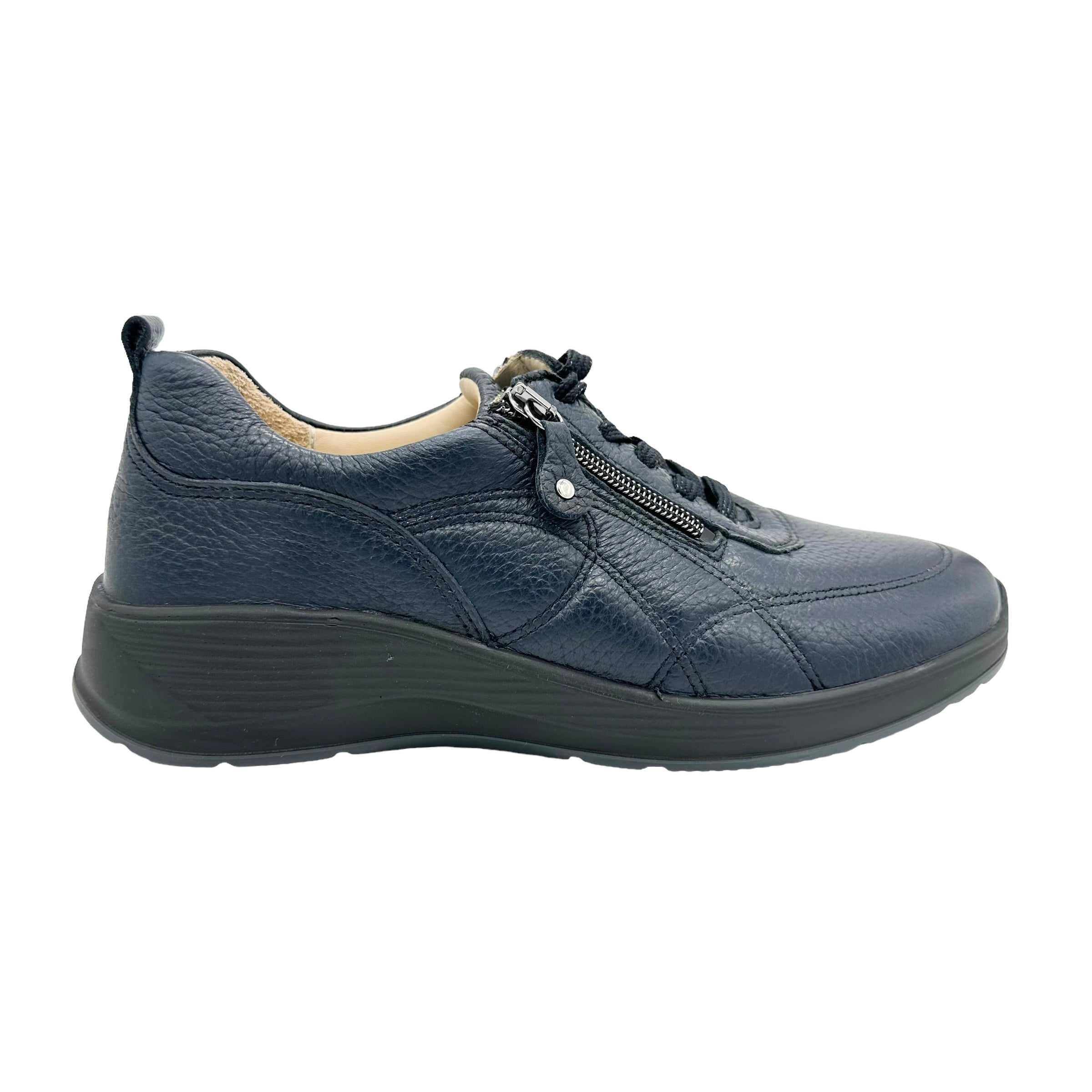 Waldlaufer Kalea K wide fit Navy blue leather twin zip and lace shoes ...