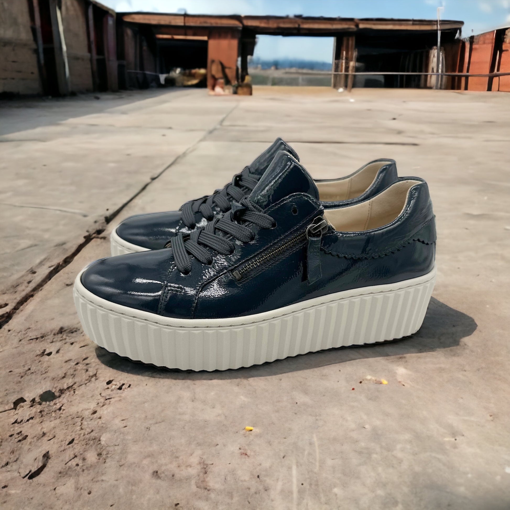 Gabor Dolly blue patent leather low top platform sneakers 33.200 â Arnouts Shoes