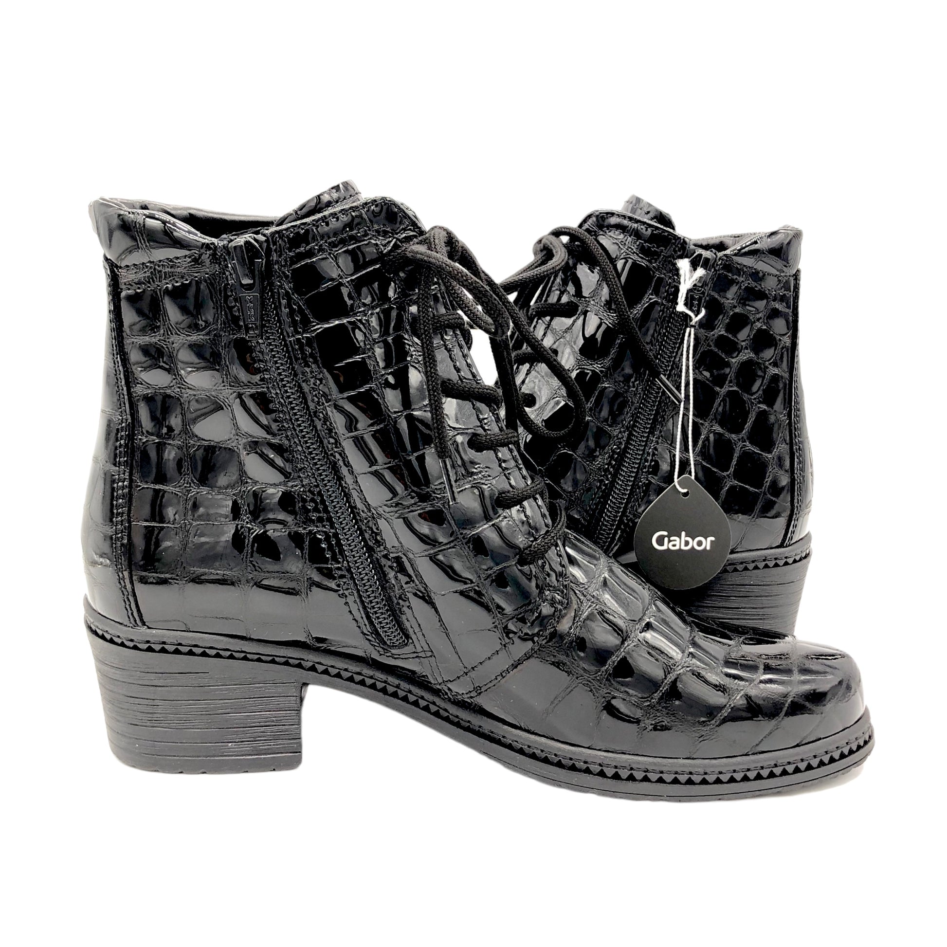 Gabor black patent croc effect leather boots with laces – Arnouts Shoes